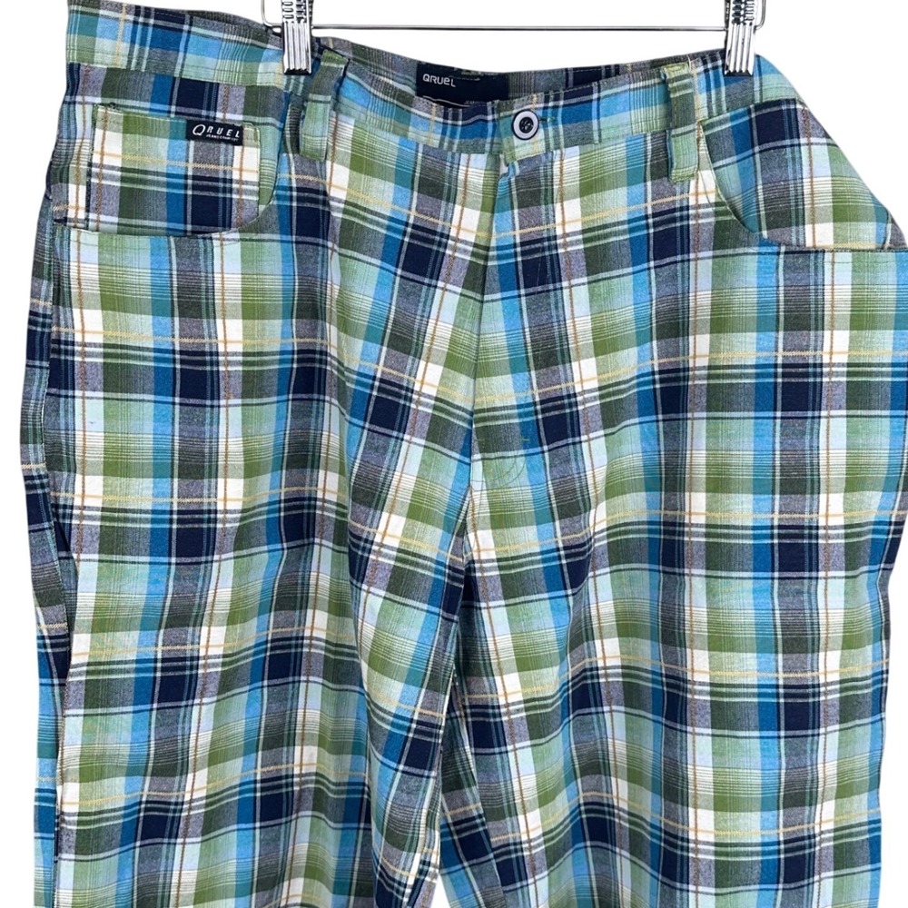 Qruel Jeans Company Mens Blue Green Plaid Cotton Shorts Size 42 Relaxed Fit